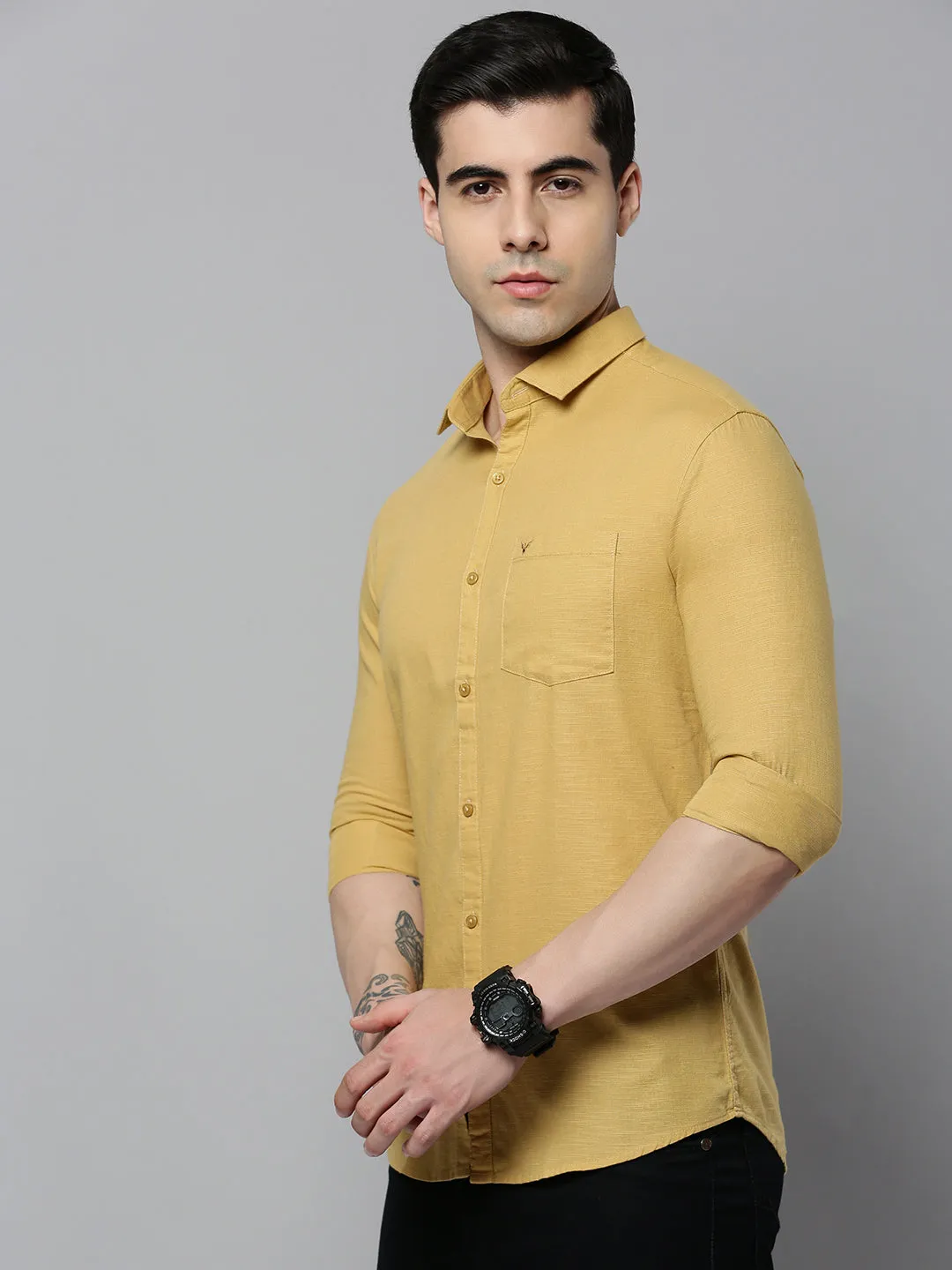 Men Khaki Solid Casual Shirt