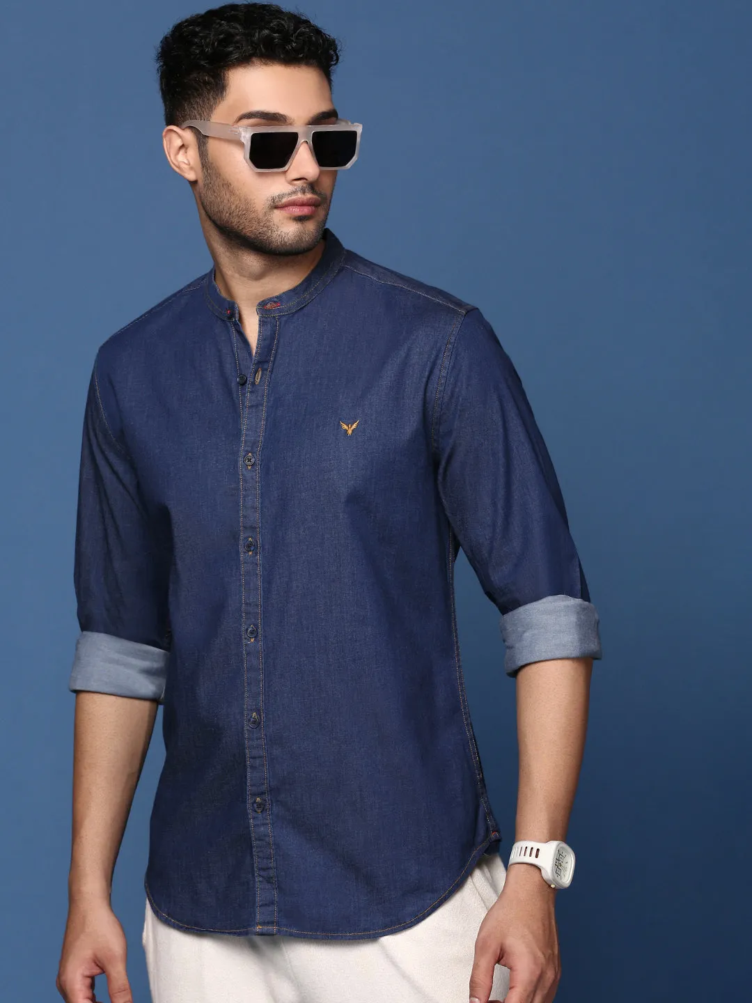 Men Mandarin Collar Solid Navy Blue Slim Fit Shirt