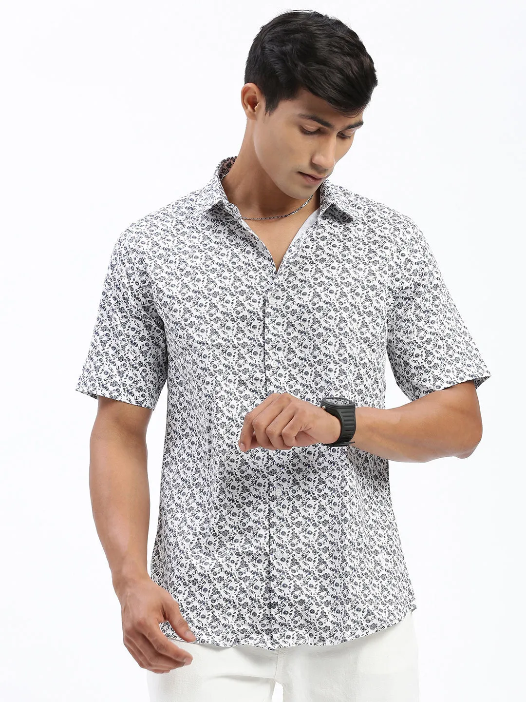 Men Micro Print Black Slim Fit Shirt