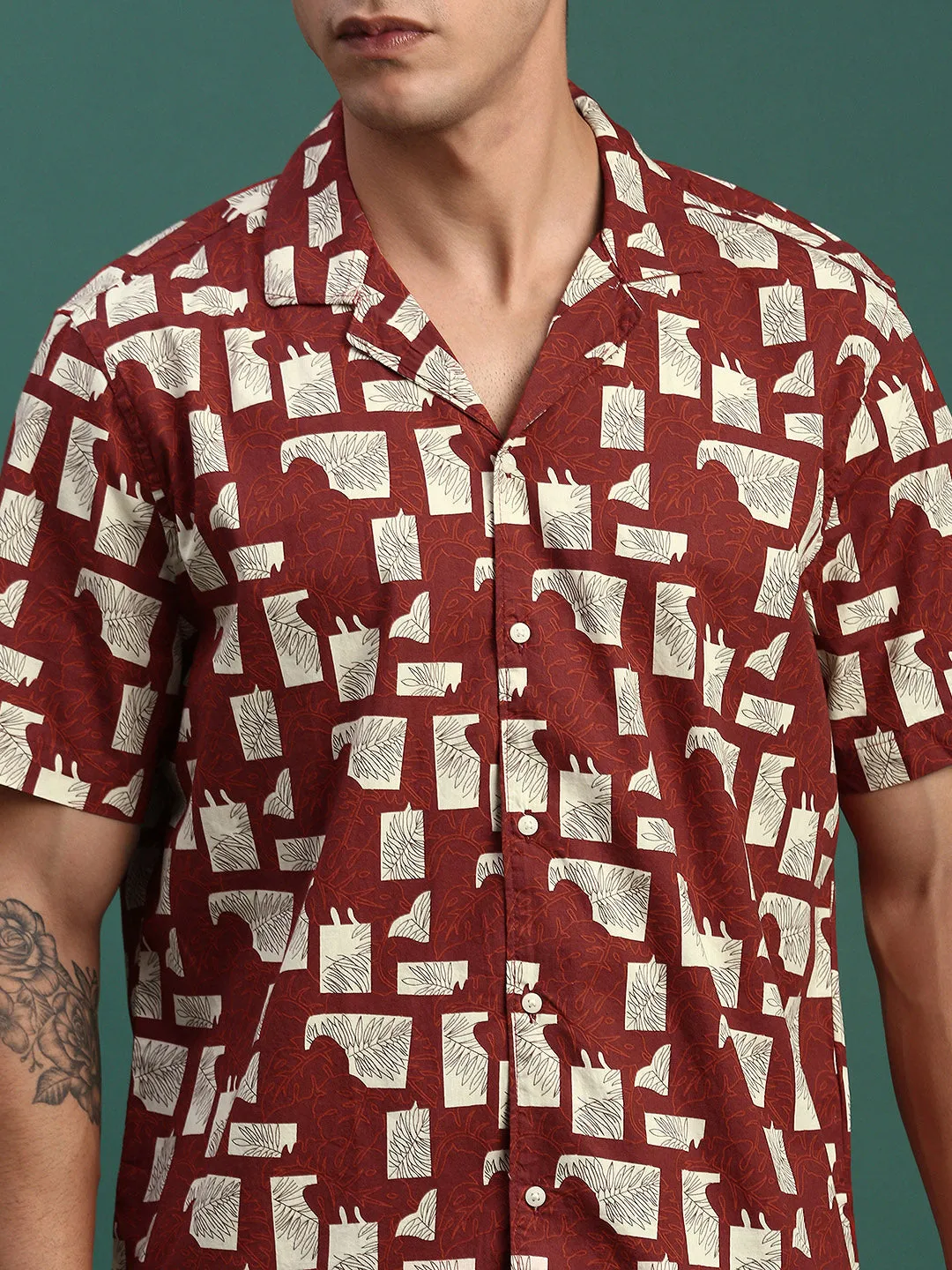 Men Printed Cuban Collar Maroon Relaxed Fit Co Ords Set