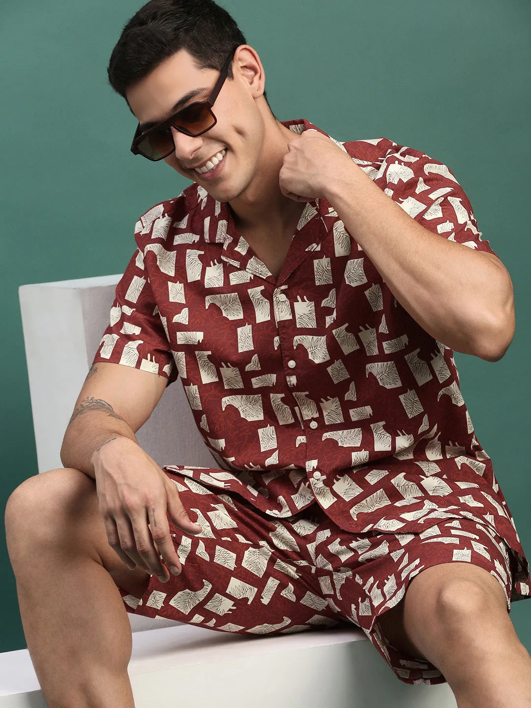 Men Printed Cuban Collar Maroon Relaxed Fit Co Ords Set