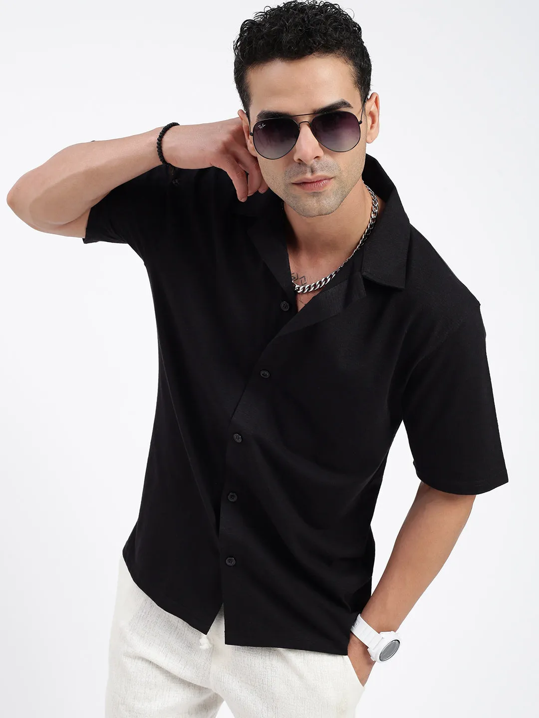 Men Solid Black Relaxed Fit Shirt