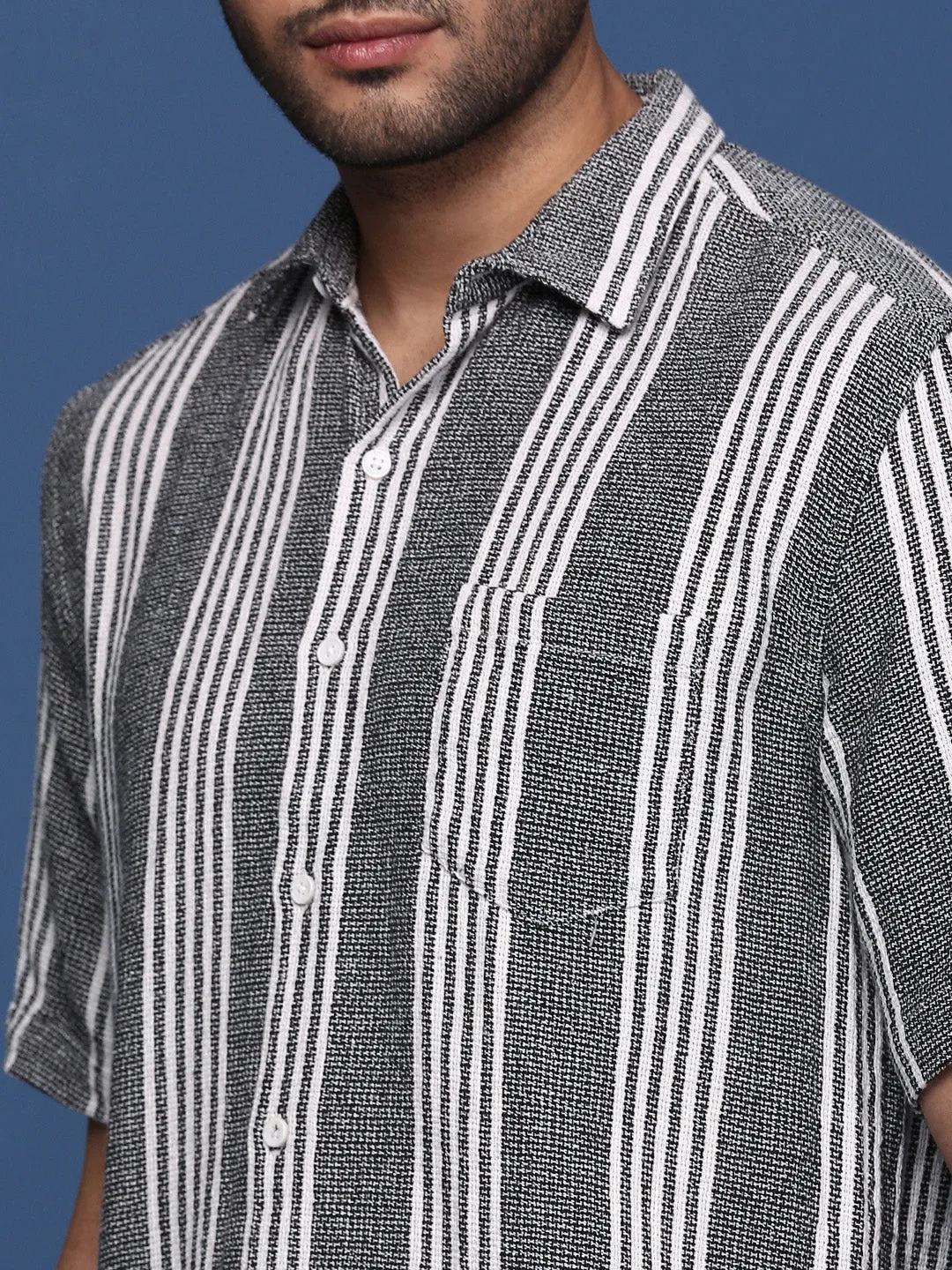 Men Striped Black Slim Fit Shirt