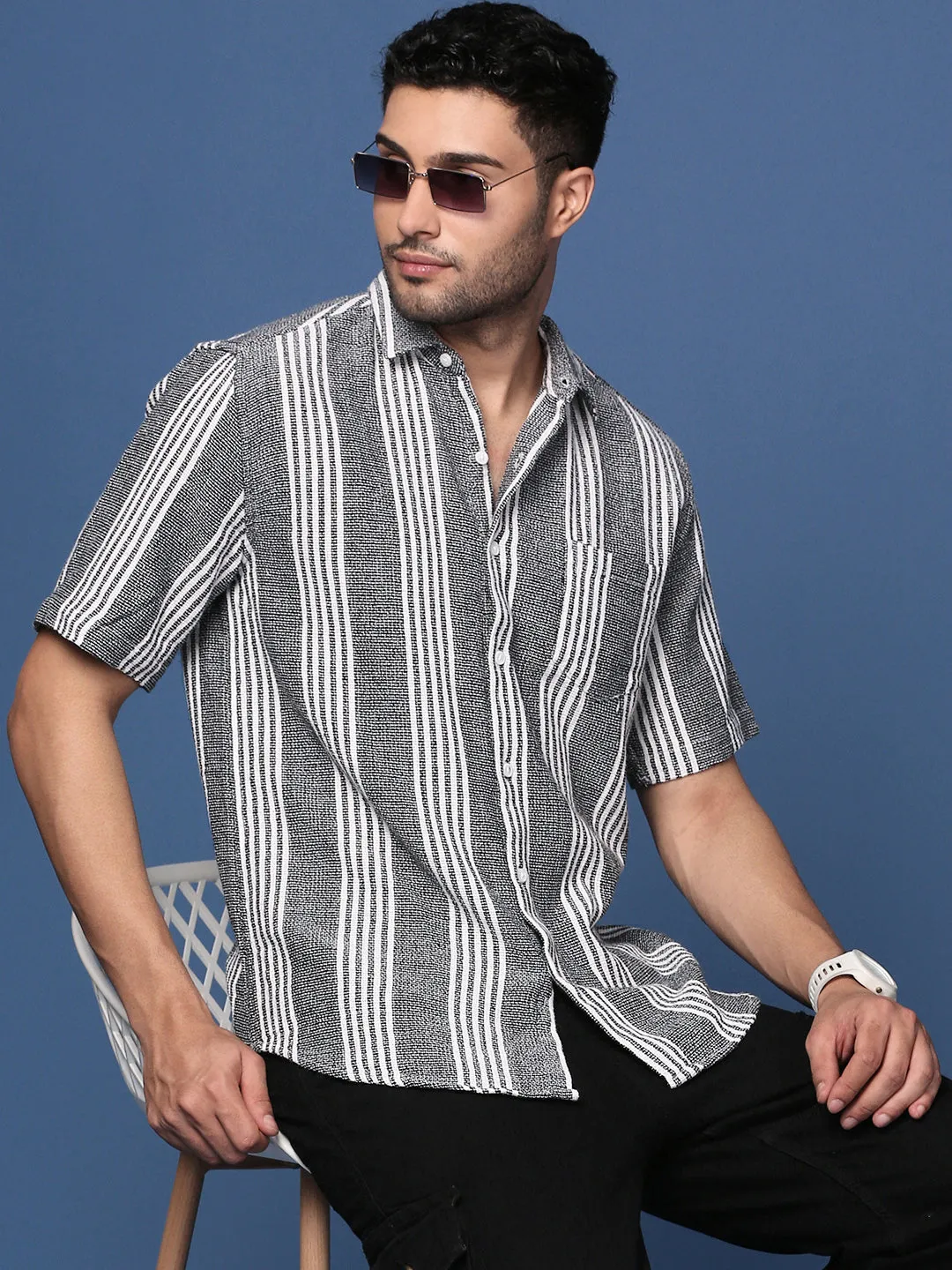 Men Striped Black Slim Fit Shirt