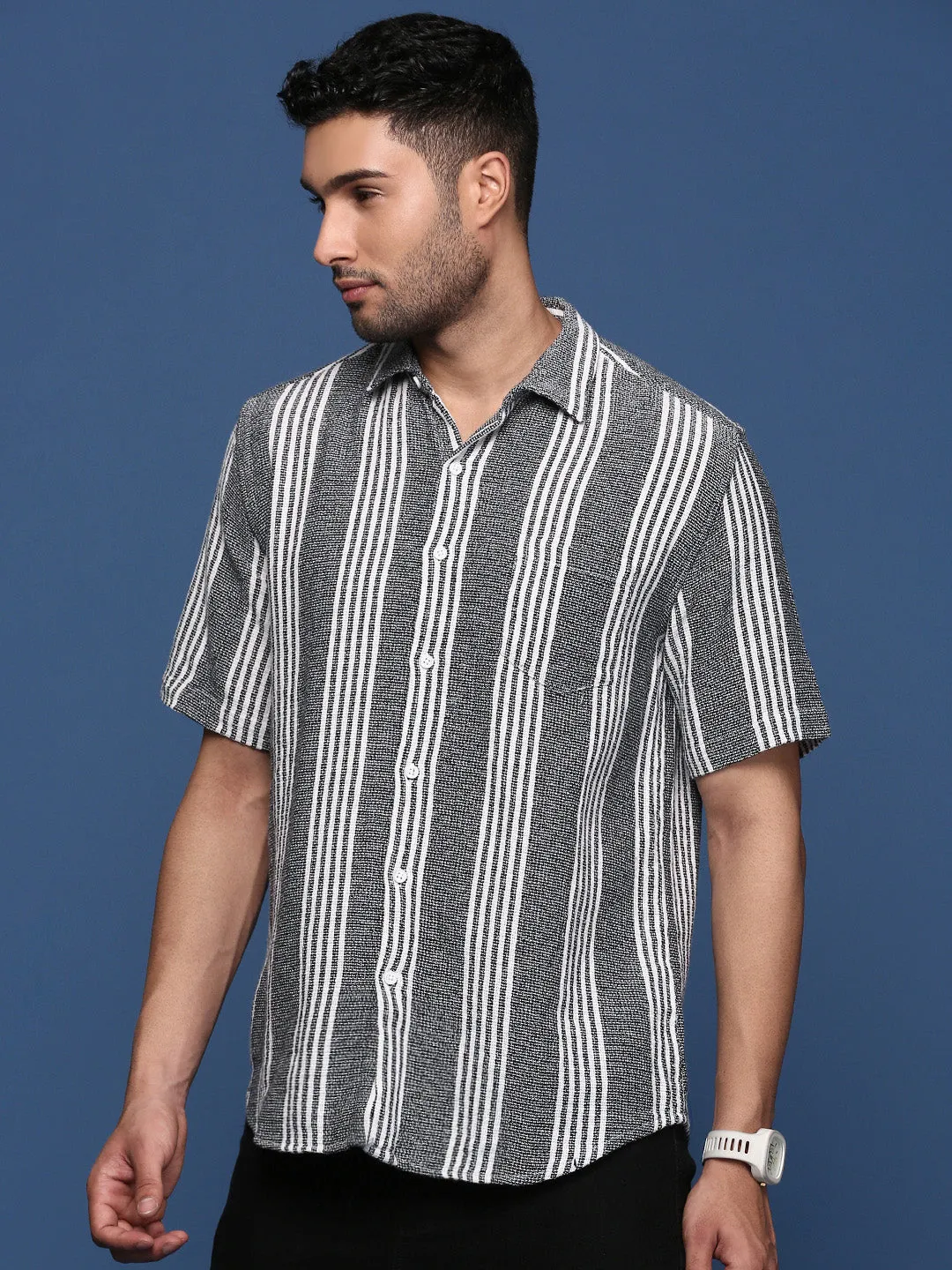 Men Striped Black Slim Fit Shirt