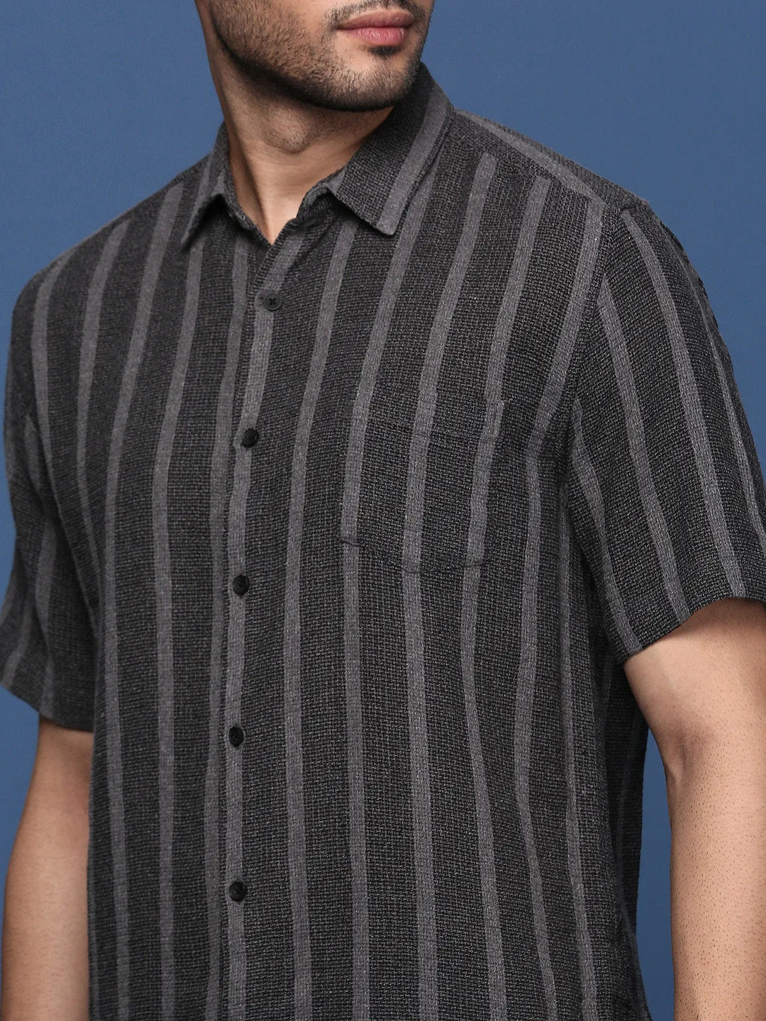 Men Striped Charcoal Slim Fit Shirt