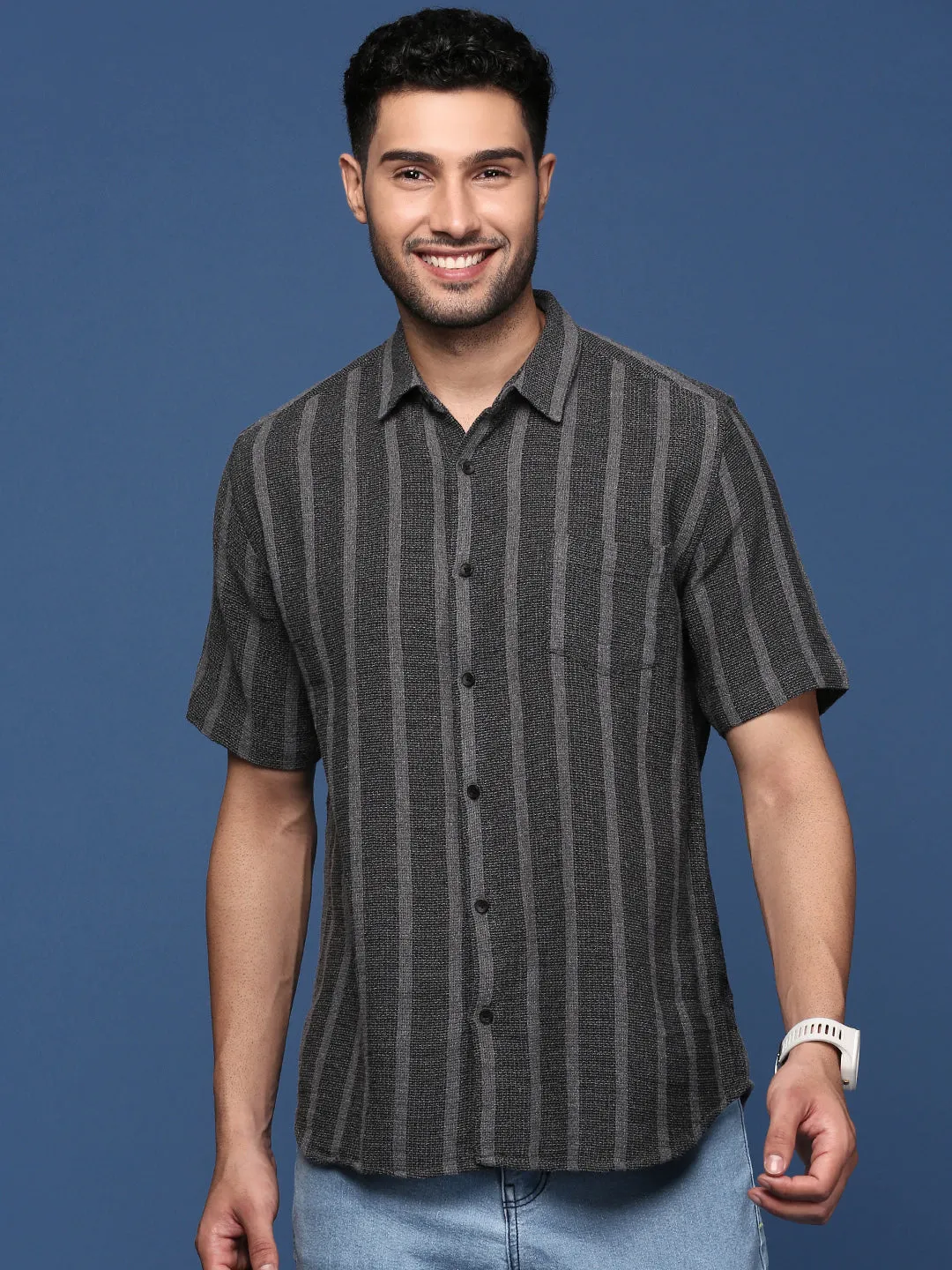 Men Striped Charcoal Slim Fit Shirt