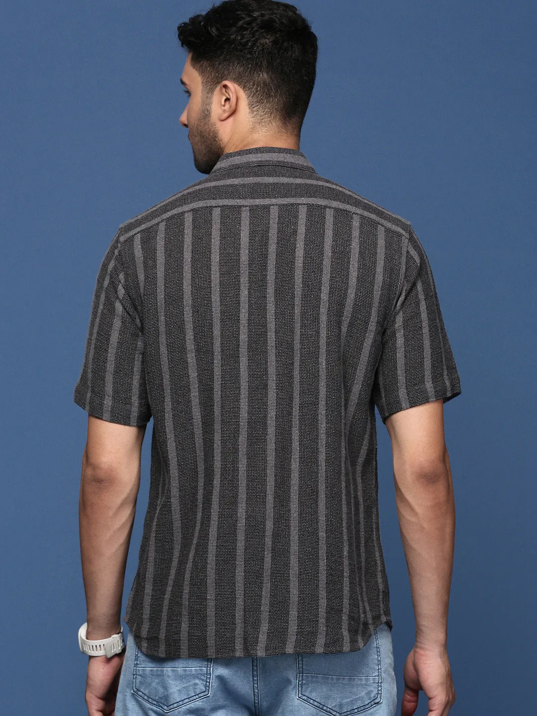 Men Striped Charcoal Slim Fit Shirt