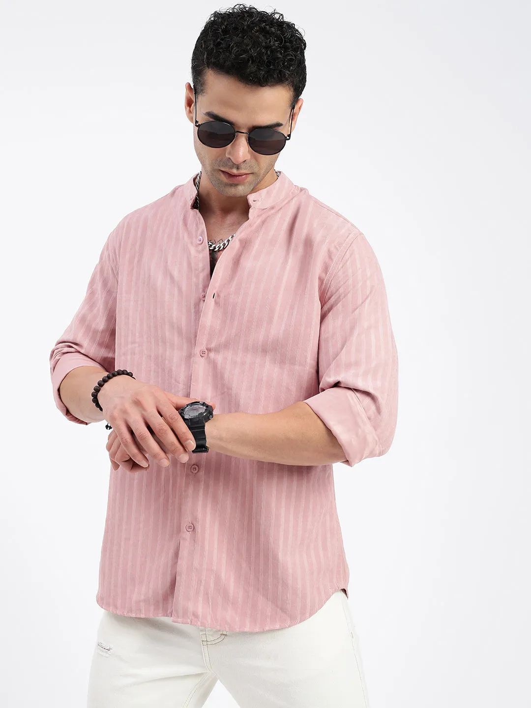 Men Striped Peach Slim Fit Shirt