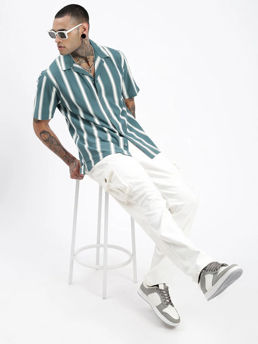 Men Striped Teal Relaxed Fit Shirt