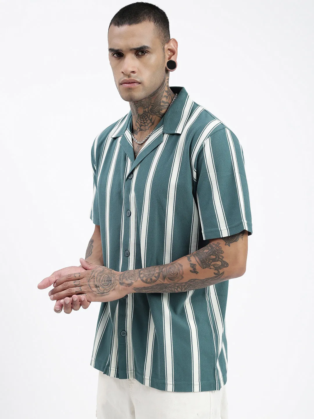 Men Striped Teal Relaxed Fit Shirt