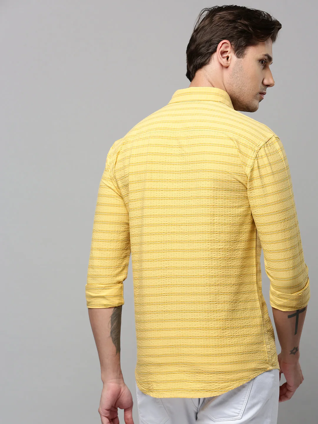 Men Yellow Striped Casual Shirt