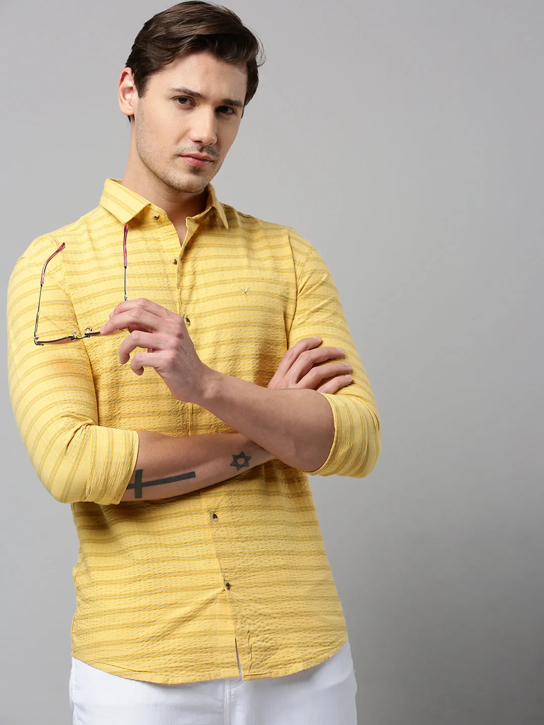 Men Yellow Striped Casual Shirt