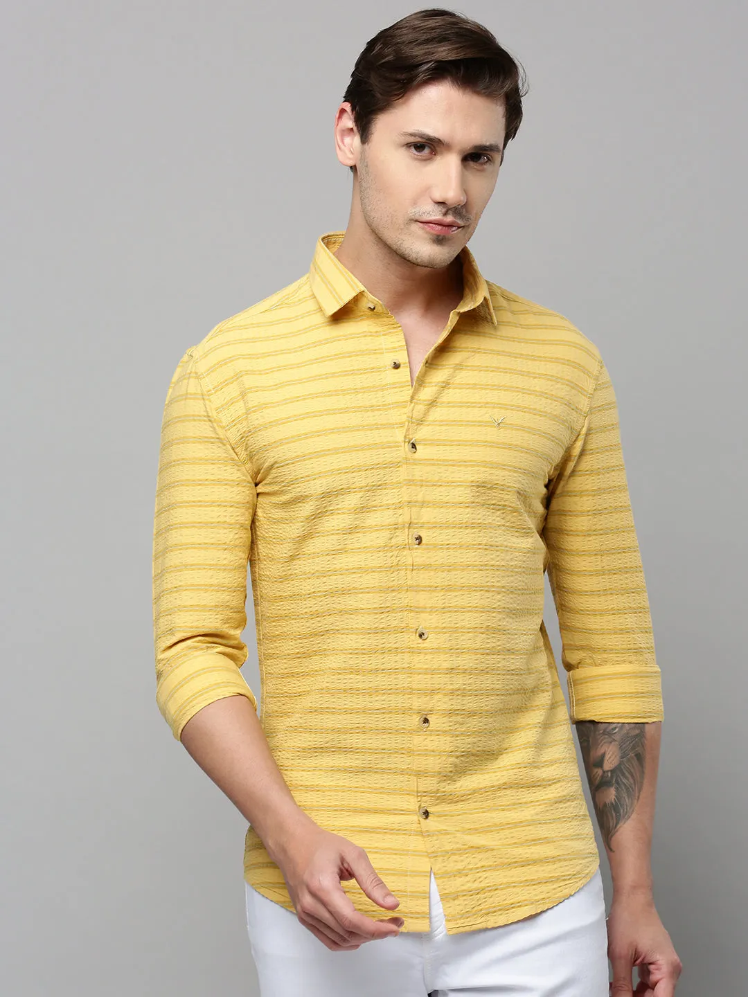 Men Yellow Striped Casual Shirt