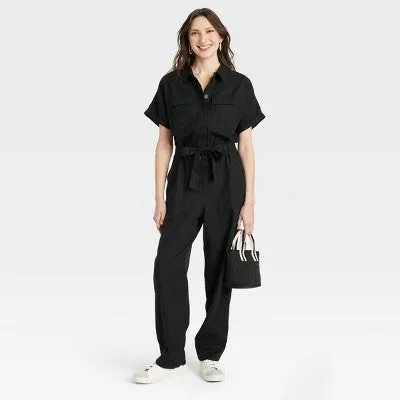 New - Universal Thread Women's Short Sleeve Linen Boilersuit Casual Jumpsuit