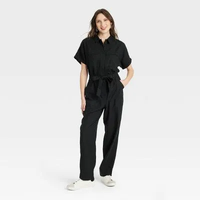 New - Universal Thread Women's Short Sleeve Linen Boilersuit Casual Jumpsuit