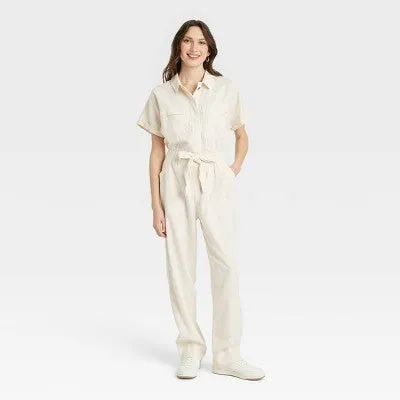 New - Universal Thread Women's Short Sleeve Linen Boilersuit Casual Jumpsuit