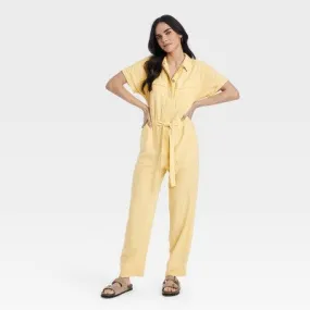 New - Women's Short Sleeve Linen Boilersuit - Universal Thread Yellow 0