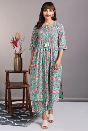 pintuck kurta with slit - willow green & tropical mandeville