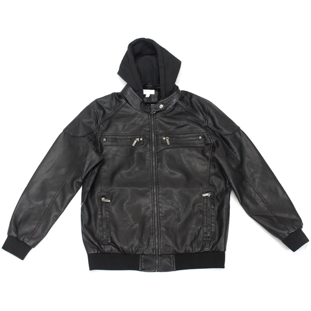 Point Leather  Black Jacket PU with Hoody