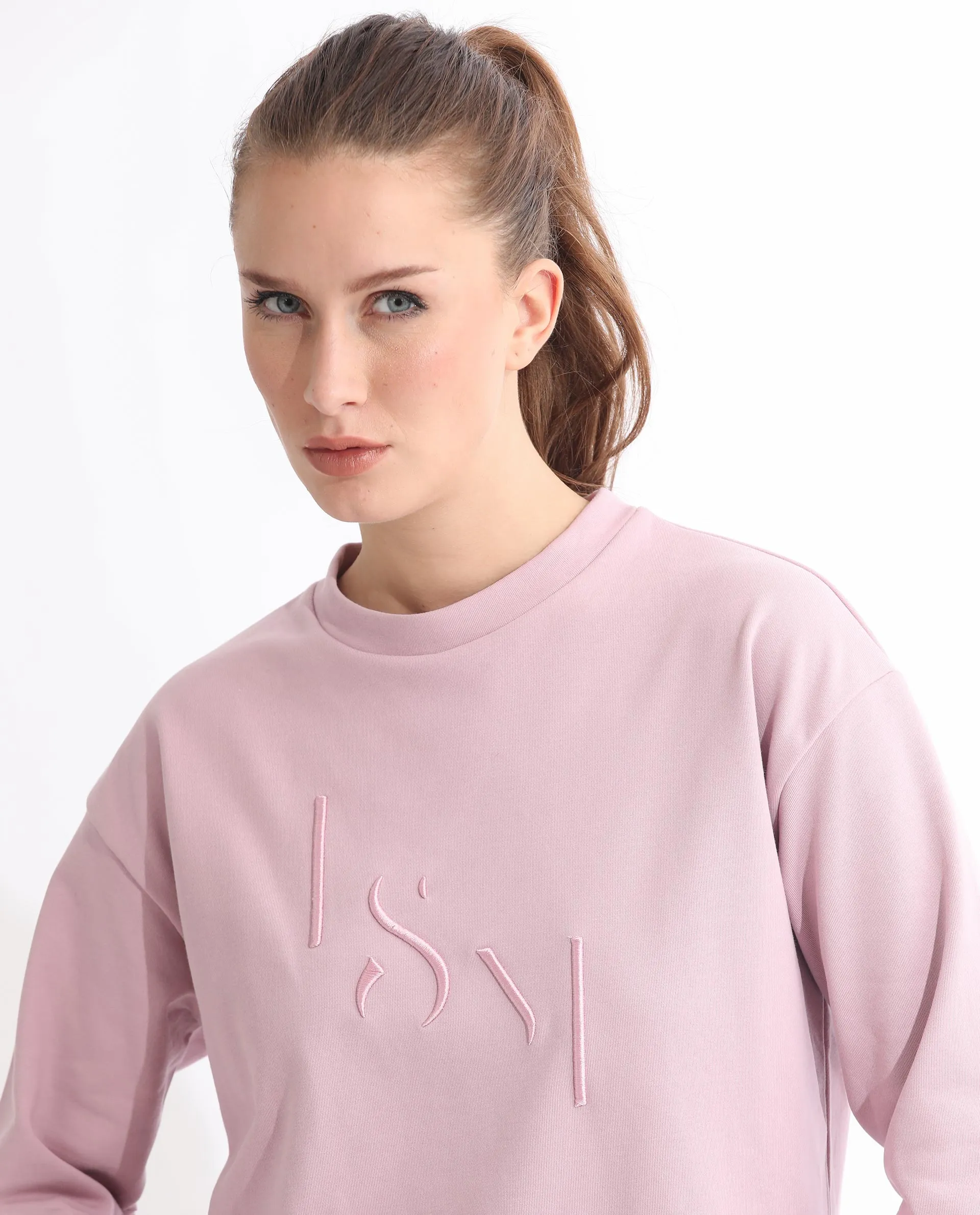 Rareism Articale Women Goldberg Dusky Pink Poly Cotton Fabric Full Sleeves Round Neck Regular Fit Embroidered Sweatshirt