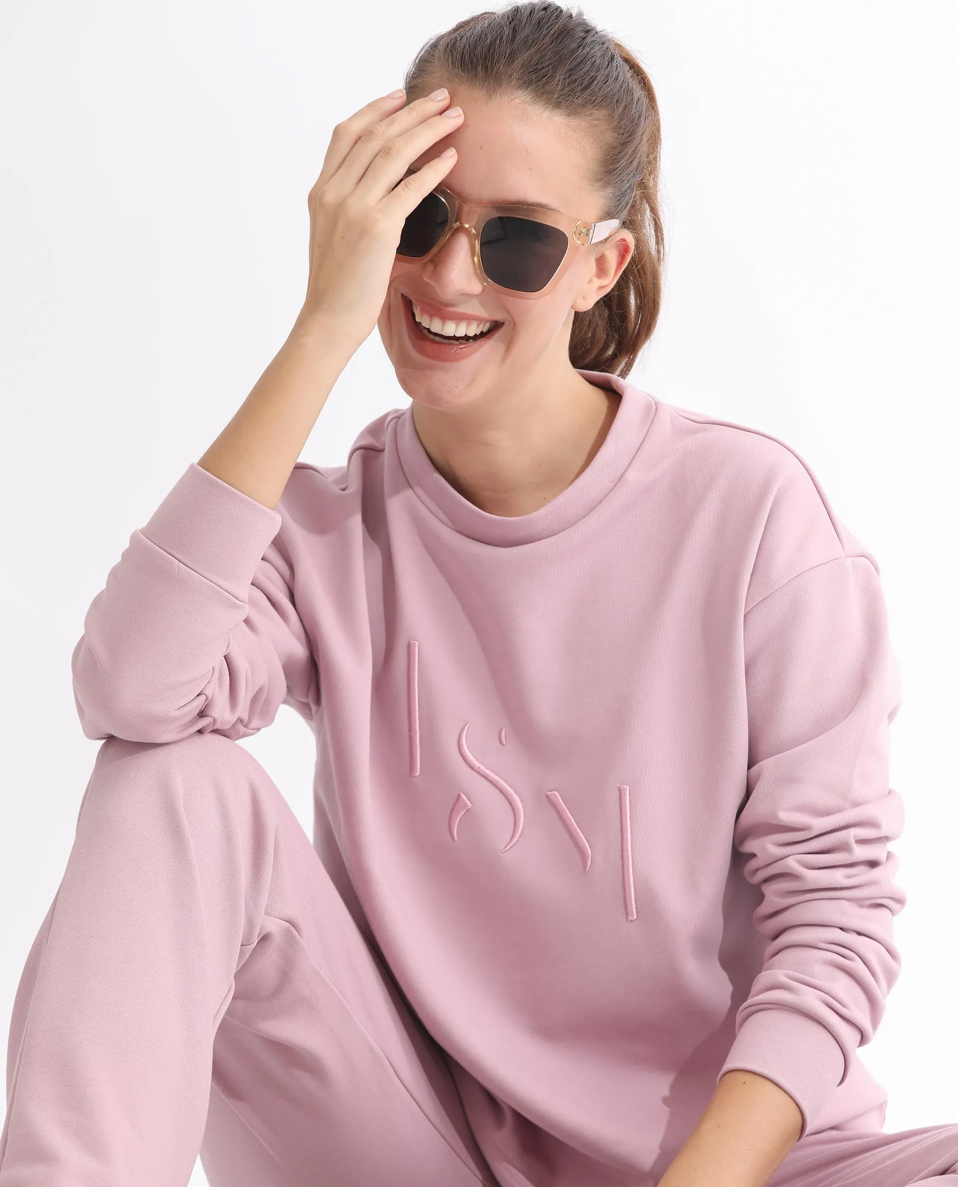 Rareism Articale Women Goldberg Dusky Pink Poly Cotton Fabric Full Sleeves Round Neck Regular Fit Embroidered Sweatshirt