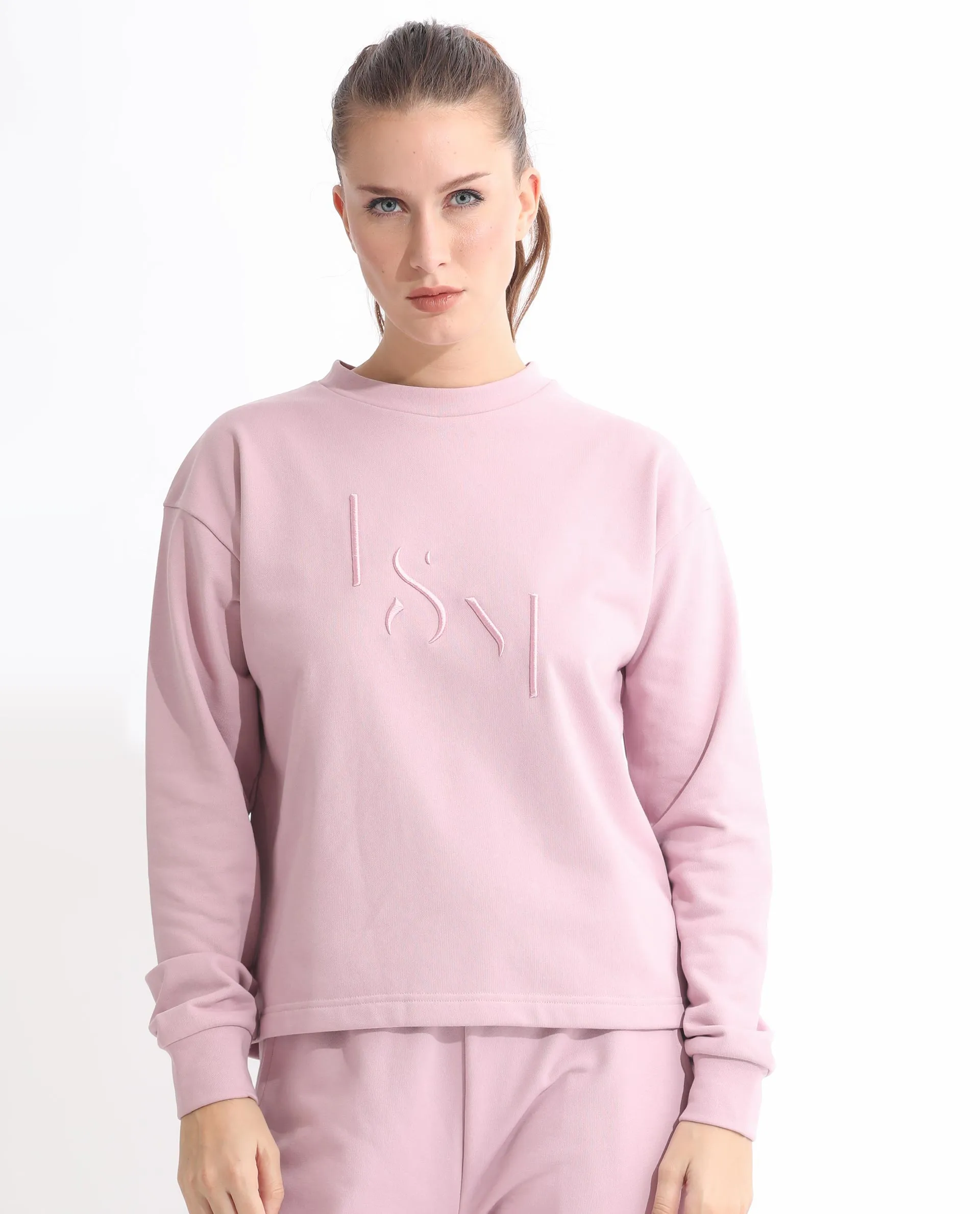 Rareism Articale Women Goldberg Dusky Pink Poly Cotton Fabric Full Sleeves Round Neck Regular Fit Embroidered Sweatshirt