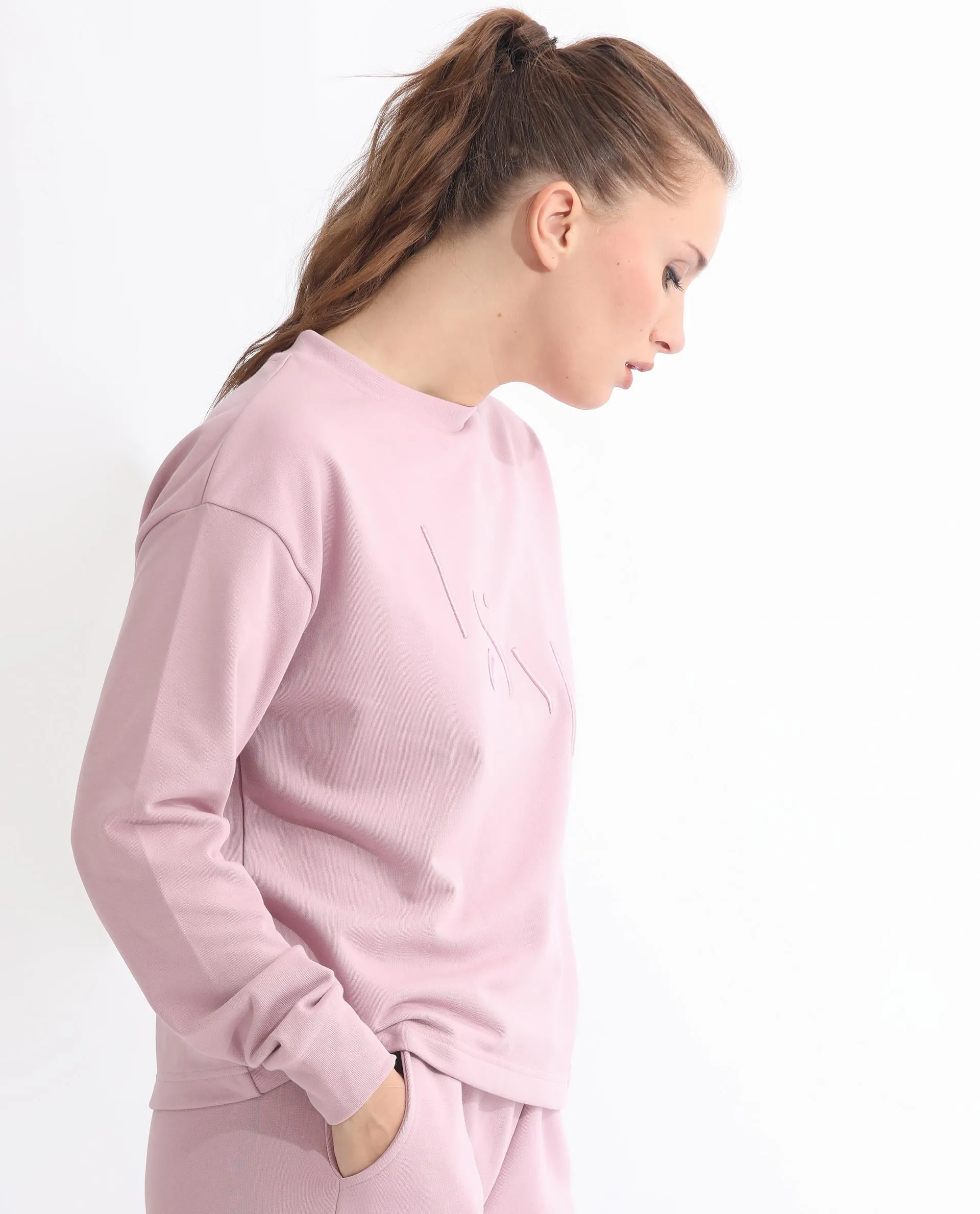 Rareism Articale Women Goldberg Dusky Pink Poly Cotton Fabric Full Sleeves Round Neck Regular Fit Embroidered Sweatshirt