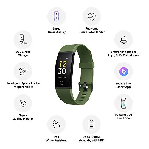 realme Band (Green) - Full Colour Screen with Touchkey, Real-time Heart Rate Monitor, in-Built USB Charging, IP68 Water Resistant