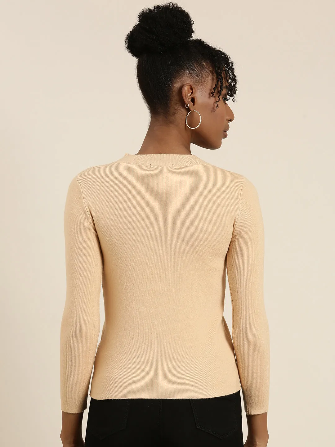 Round Neck Solid Regular Tan Top