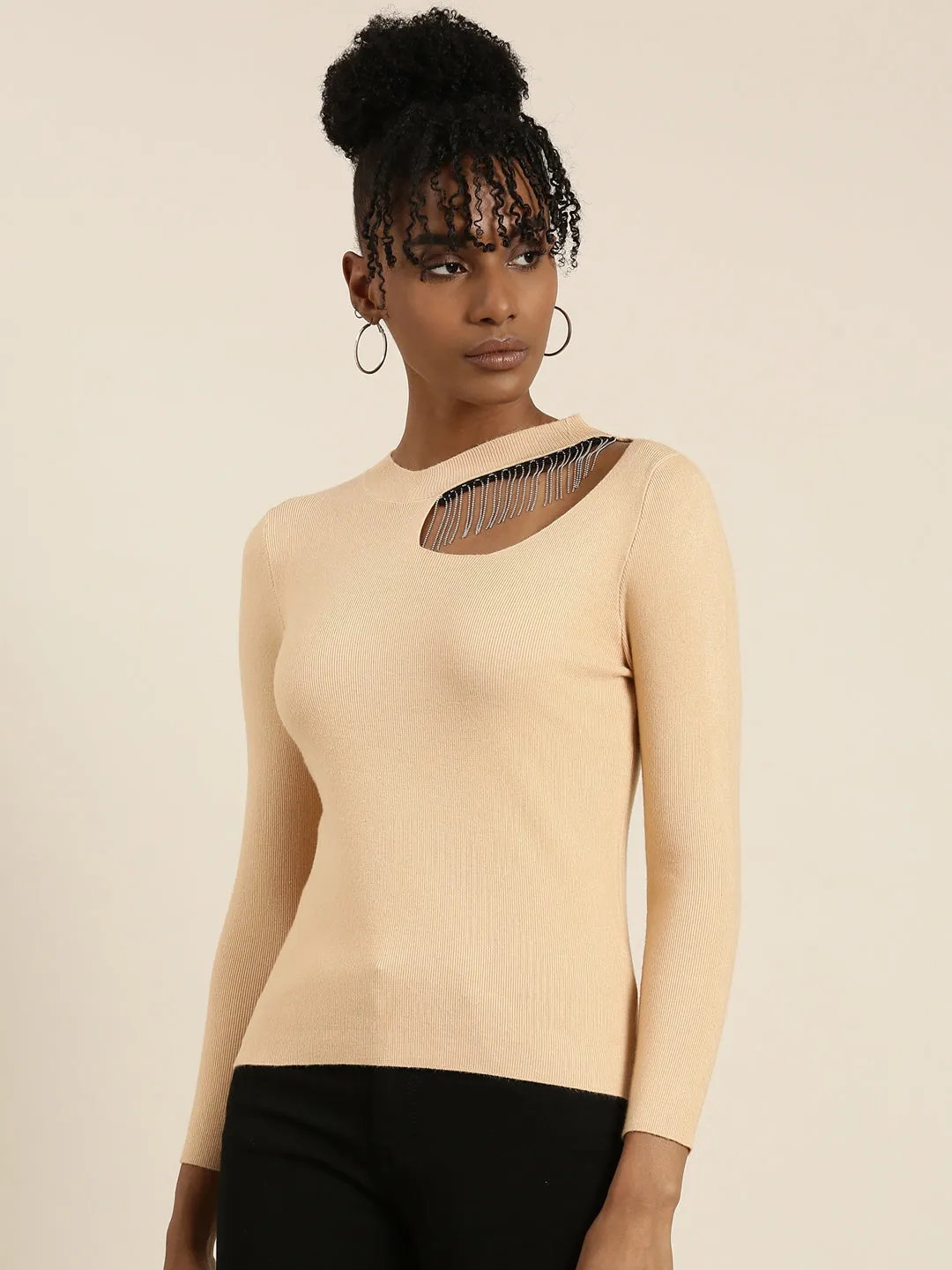 Round Neck Solid Regular Tan Top