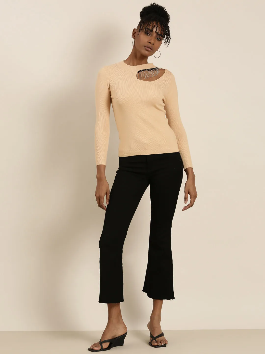 Round Neck Solid Regular Tan Top