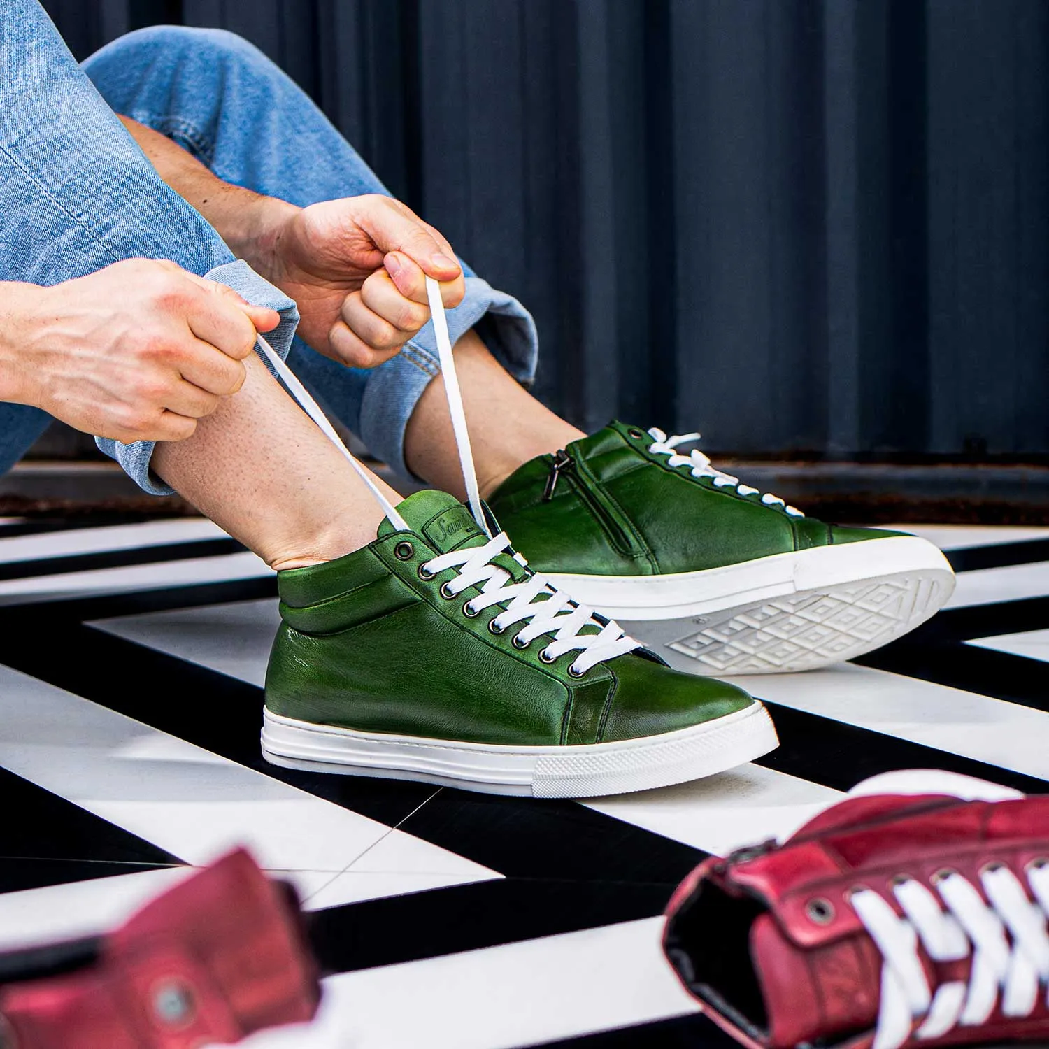 Saint Lamberto Green Leather Handcrafted Sneakers.