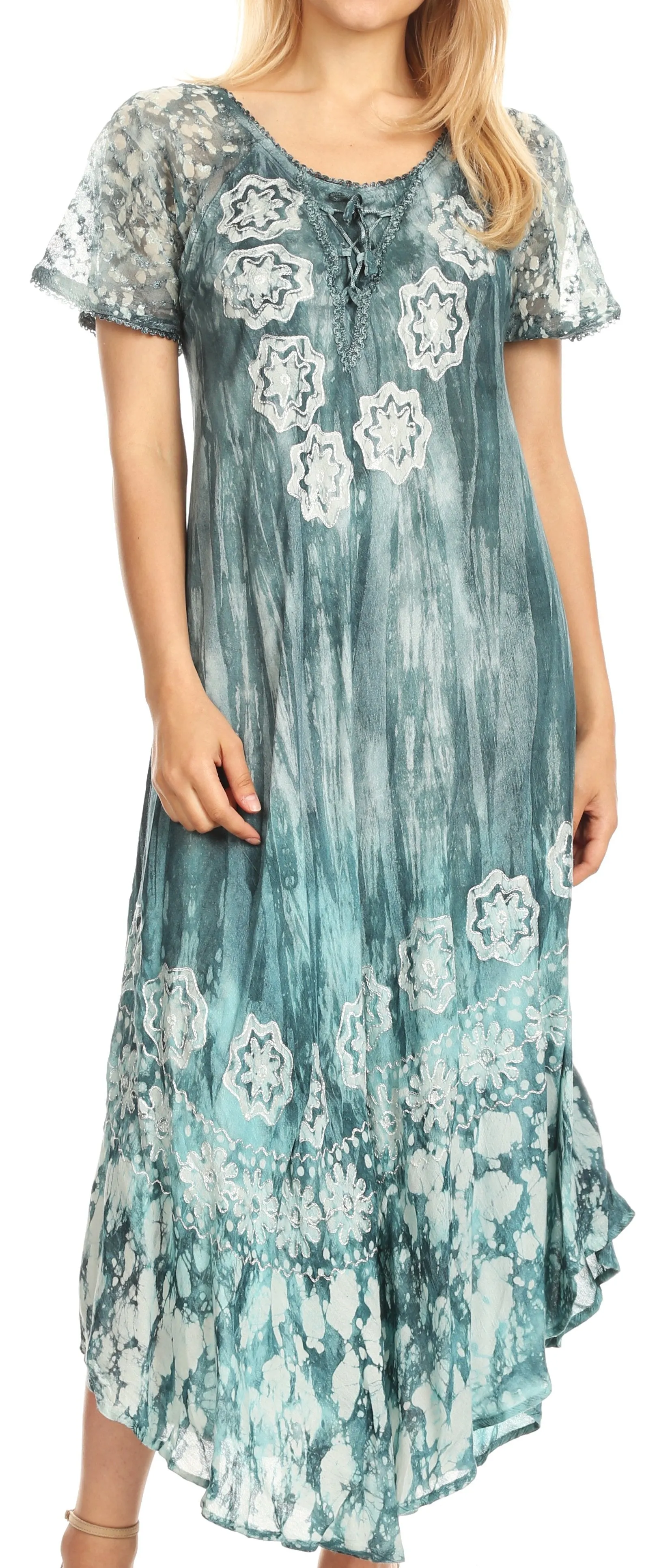 Sakkas Sofia Women's Flowy Summer Maxi Beach Dress Tie-dye w/Batik & Short Sleeves