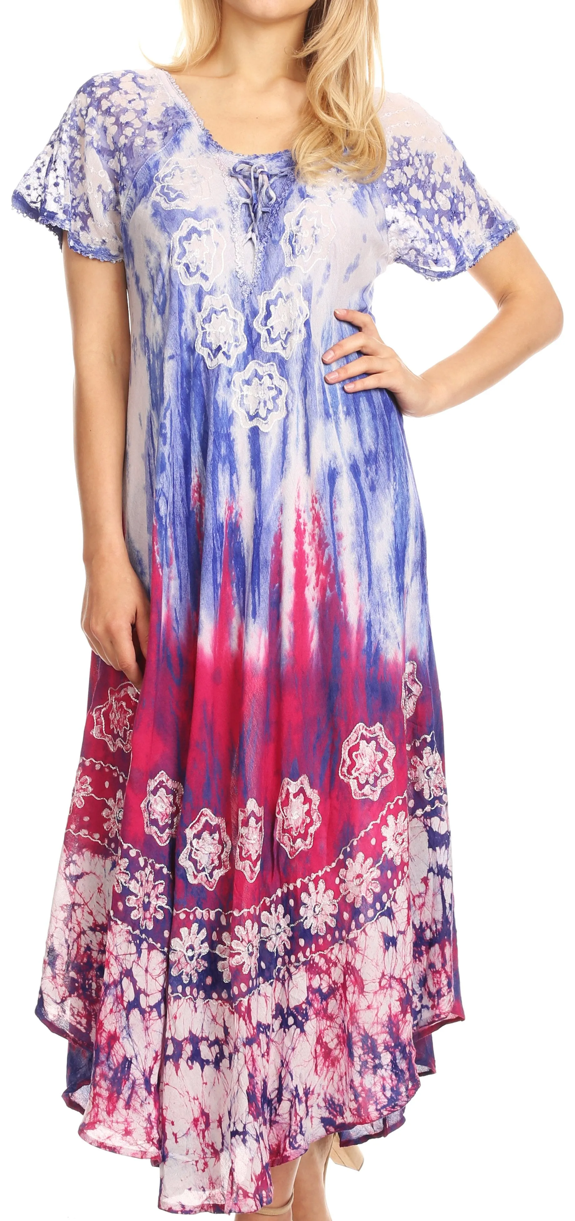 Sakkas Sofia Women's Flowy Summer Maxi Beach Dress Tie-dye w/Batik & Short Sleeves