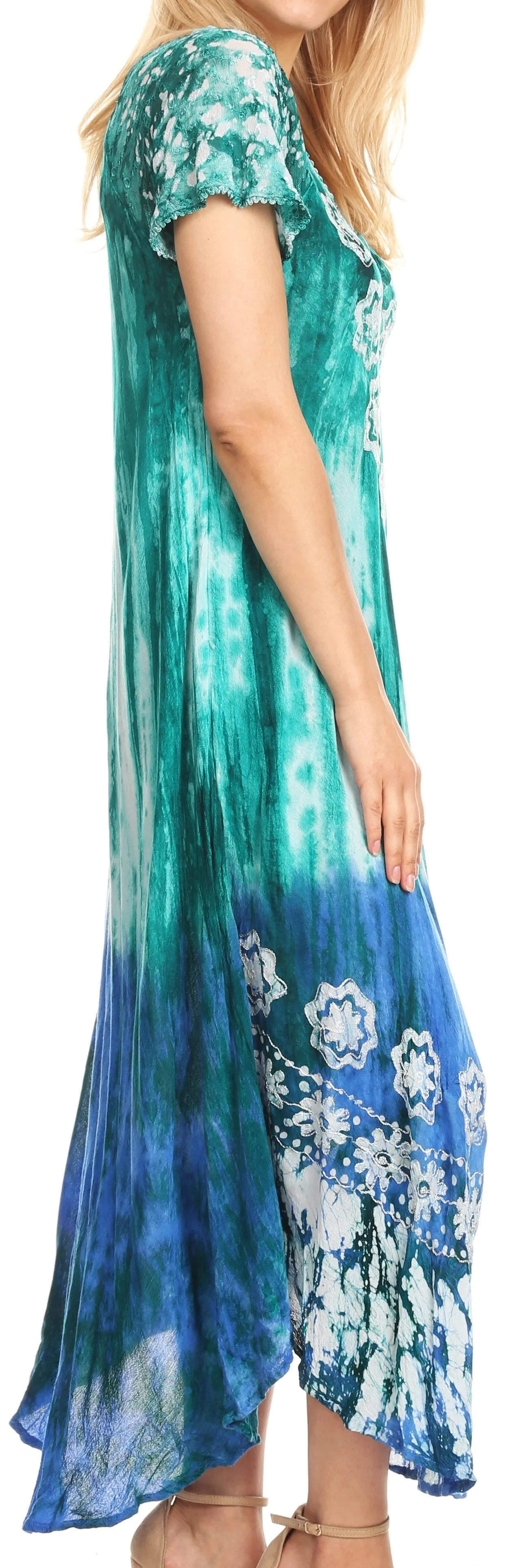 Sakkas Sofia Women's Flowy Summer Maxi Beach Dress Tie-dye w/Batik & Short Sleeves