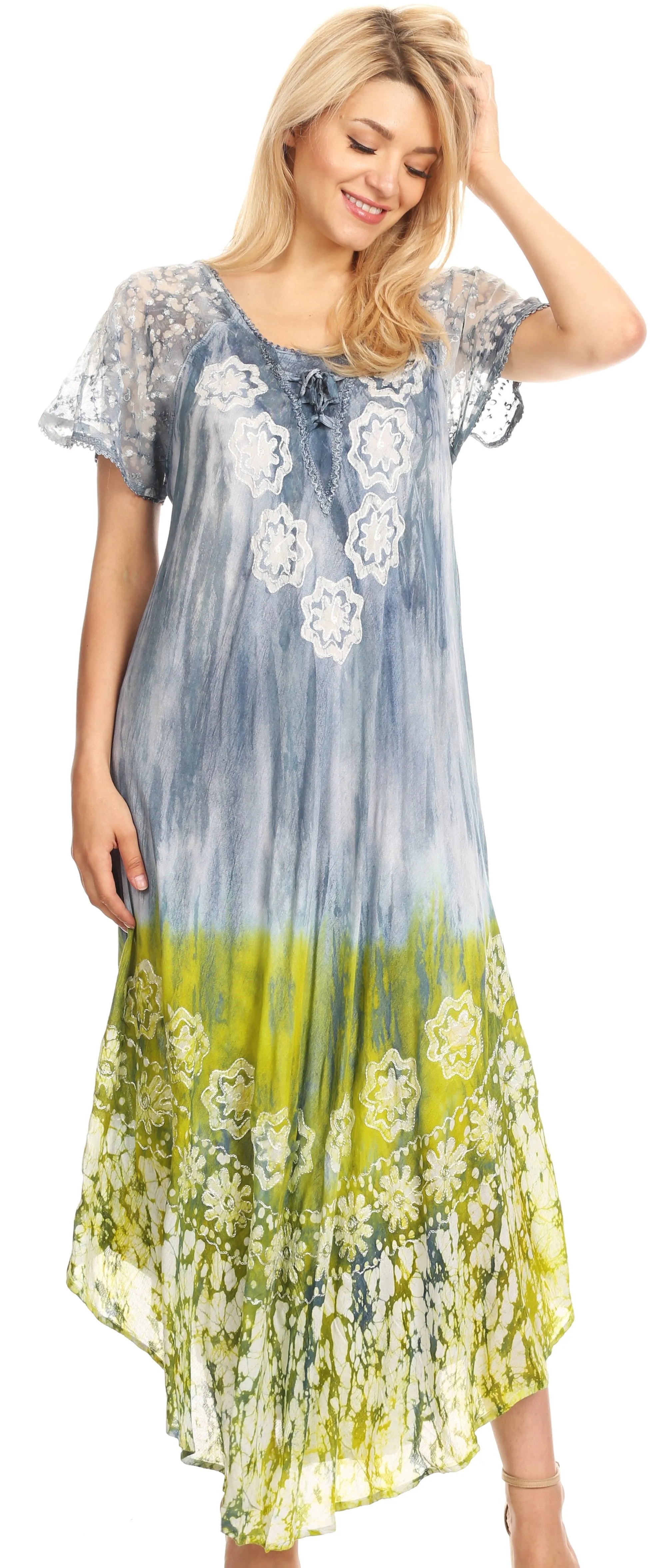 Sakkas Sofia Women's Flowy Summer Maxi Beach Dress Tie-dye w/Batik & Short Sleeves