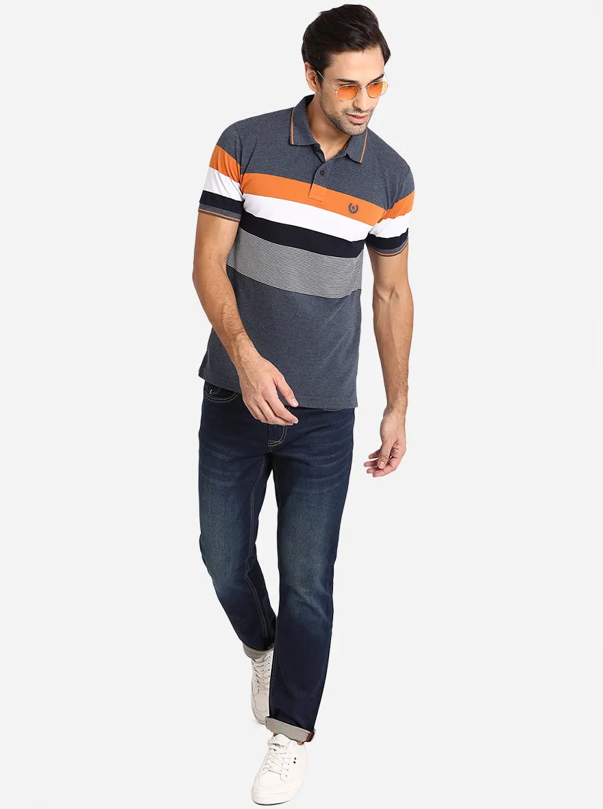 Steel Grey Striped Slim Fit Polo T-Shirt | Greenfibre