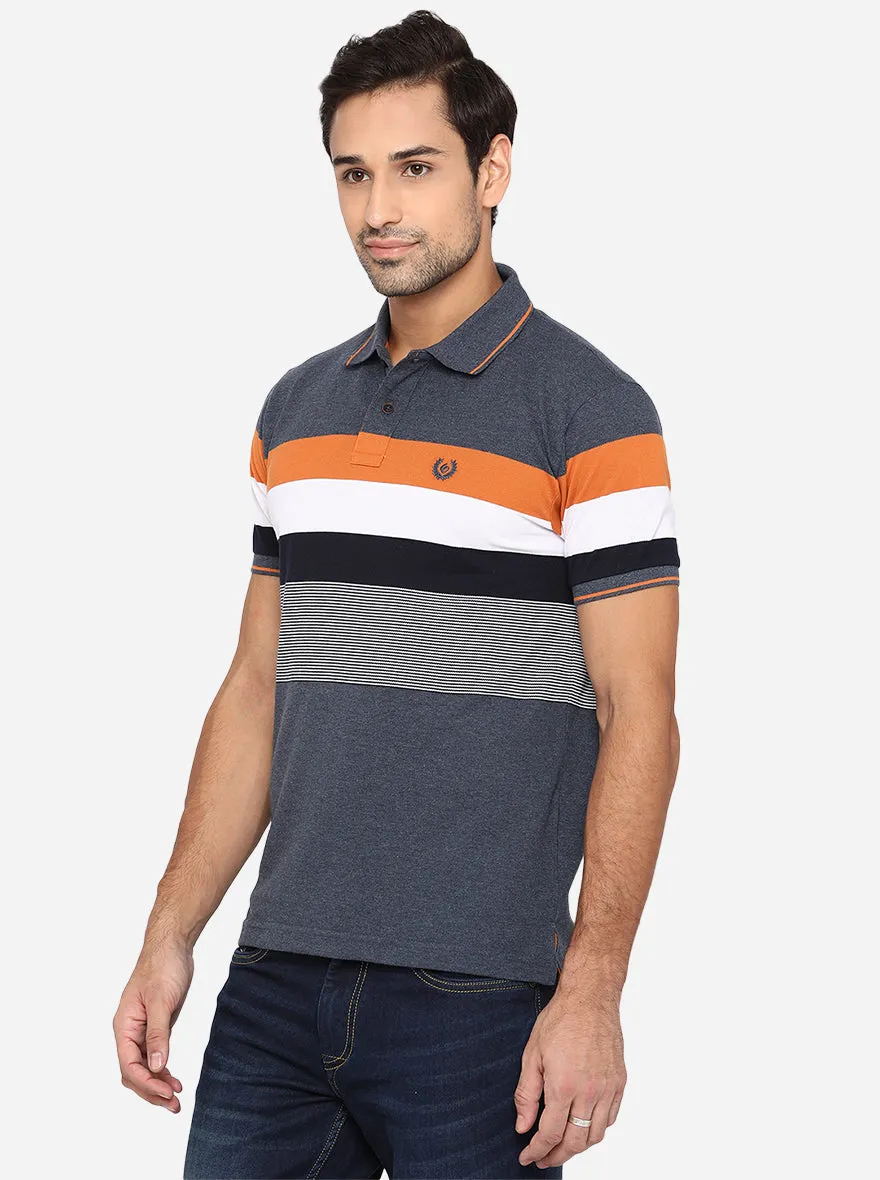 Steel Grey Striped Slim Fit Polo T-Shirt | Greenfibre