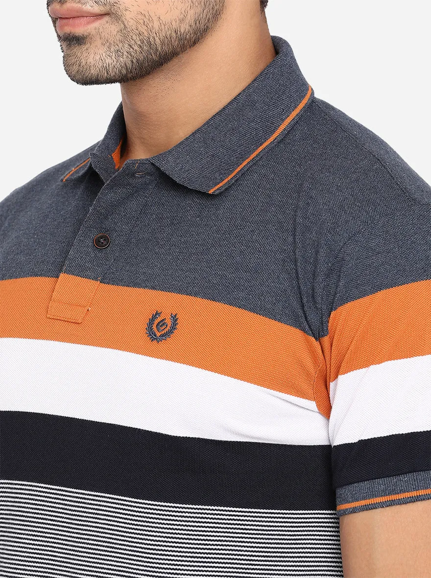 Steel Grey Striped Slim Fit Polo T-Shirt | Greenfibre