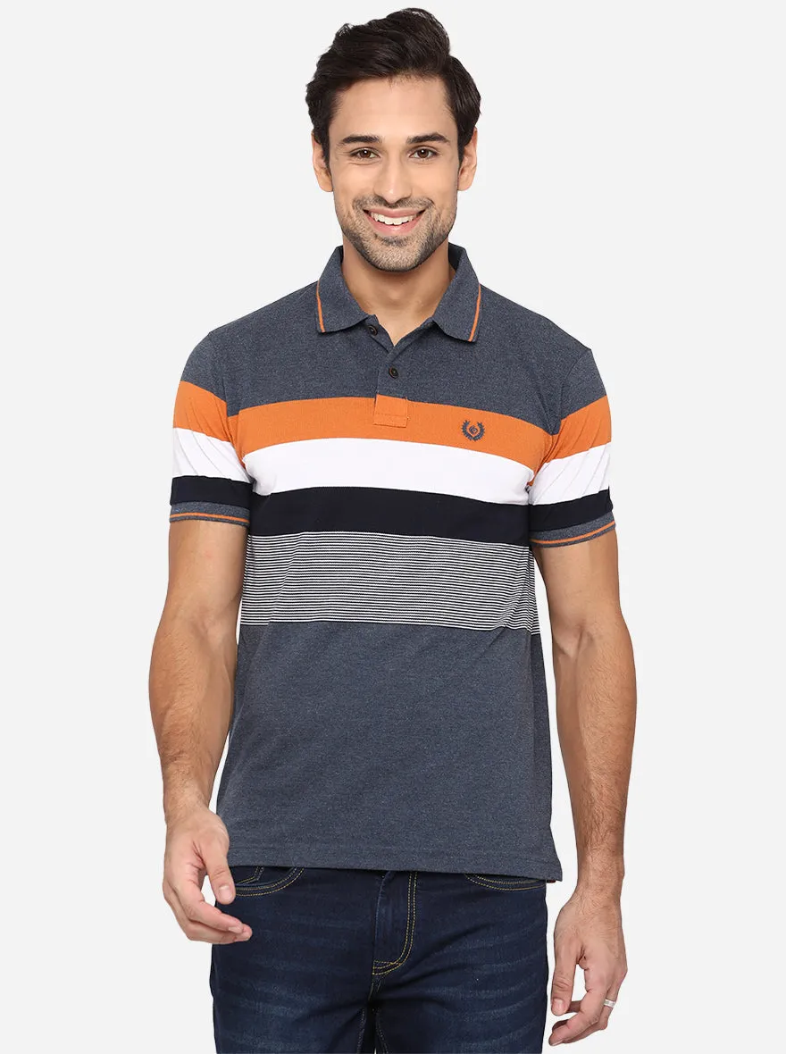 Steel Grey Striped Slim Fit Polo T-Shirt | Greenfibre