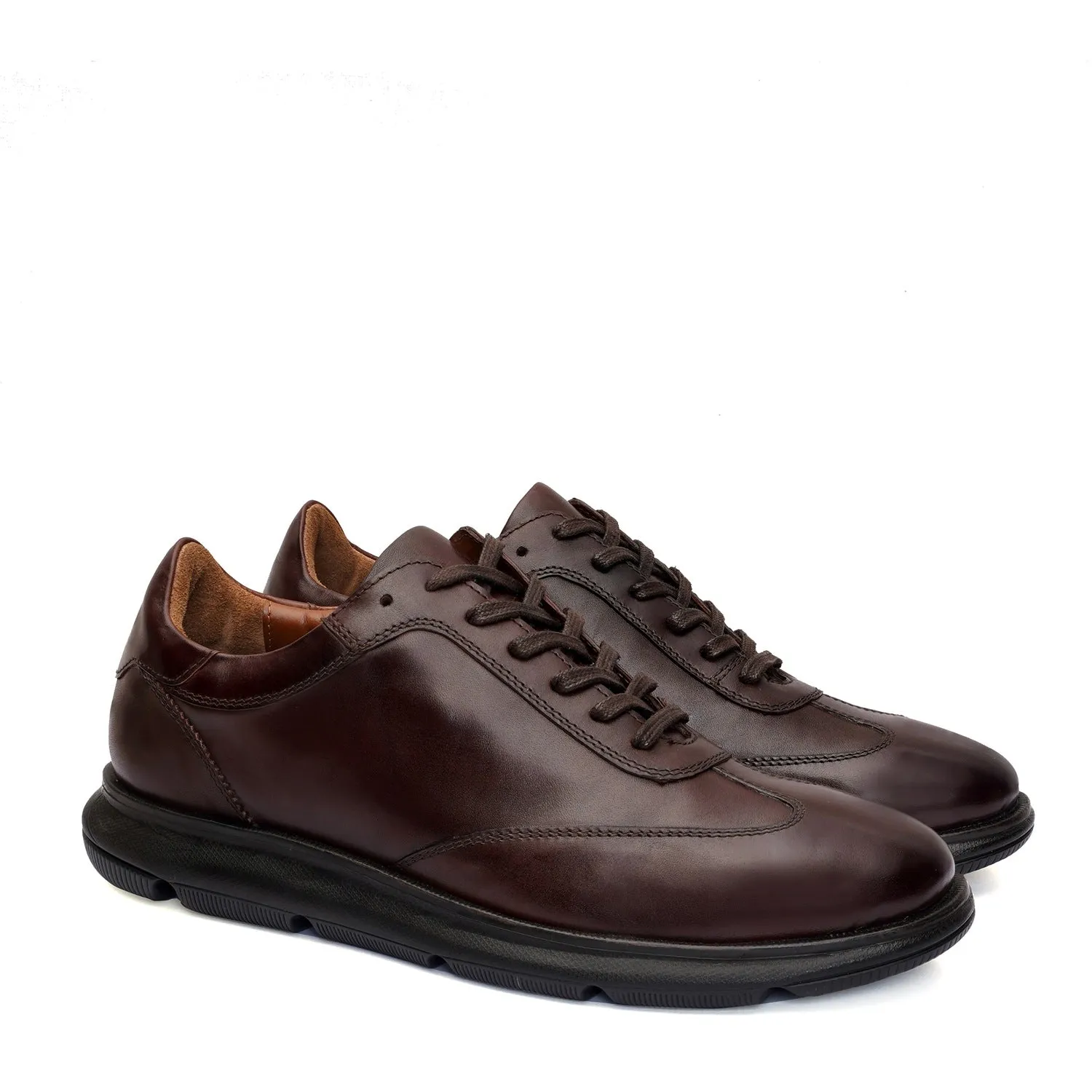 Stitched Toe Mid Top Sneaker in Dark Brown Leather