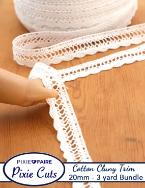 Trim Pre-Cut 3 Yard Bundle 20mm or 3/4 inch White Cotton Cluny Lace Trim Ladder Wave Scallop