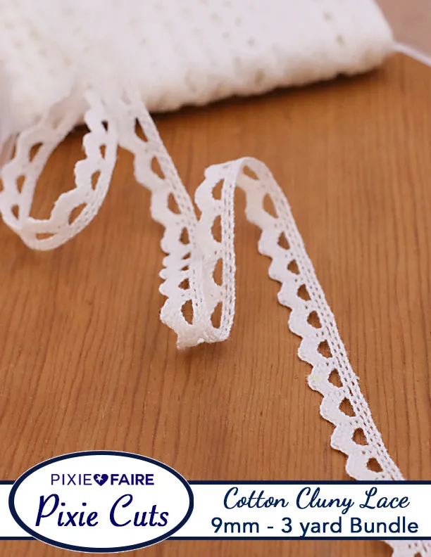 Trim Pre-Cut 3 Yard Bundle 9mm .35 inch White Cotton Cluny Lace Trim Zig Zag Scallop