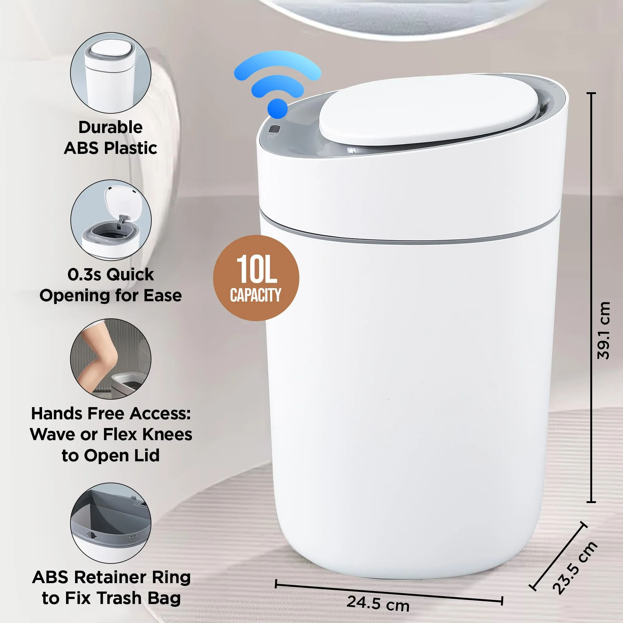 UMAI Plastic Dustbin With Lid | 15L | Waterproof | Automatic Sensor Dustbin With Suction Function | Dustbin For Kitchen | Dustbin For Bathroom | Dustbin For Bedroom | Dustbin For Home & Office | White