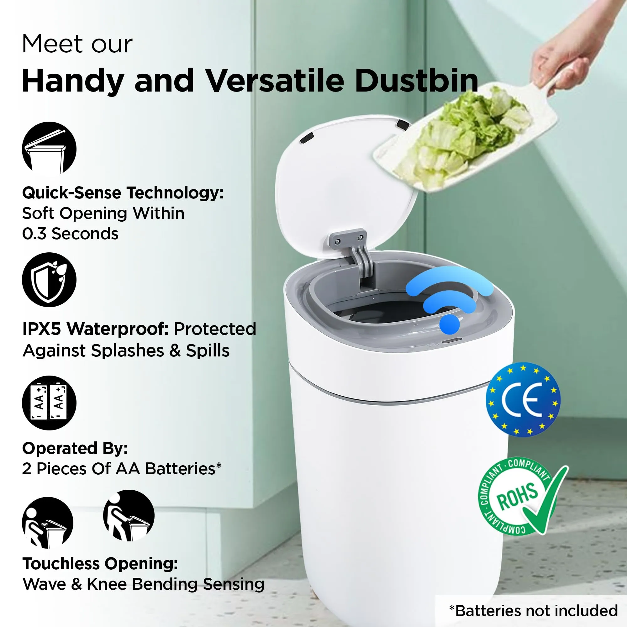 UMAI Plastic Dustbin With Lid | 15L | Waterproof | Automatic Sensor Dustbin With Suction Function | Dustbin For Kitchen | Dustbin For Bathroom | Dustbin For Bedroom | Dustbin For Home & Office | White