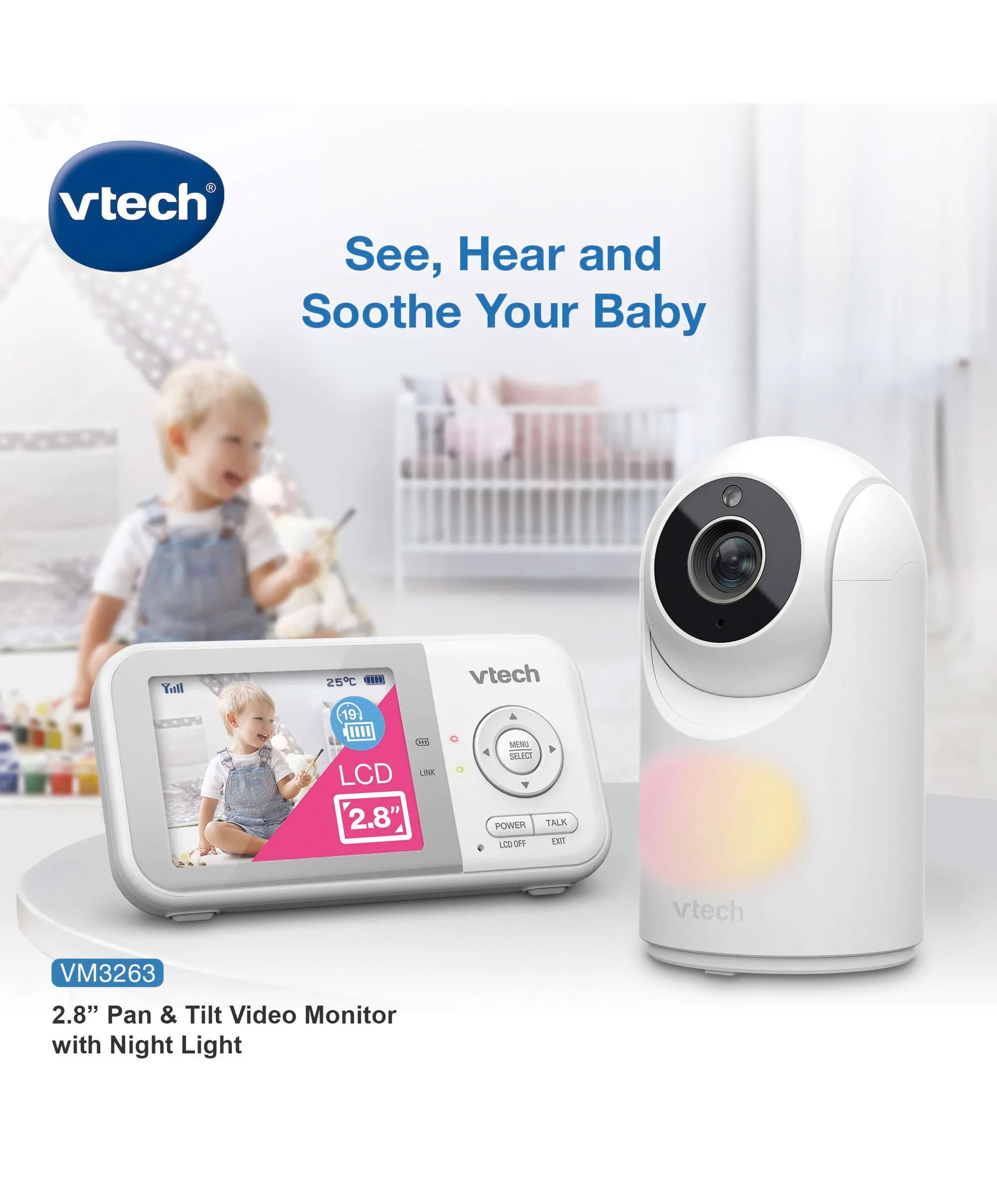 VTech VM3263 2.8" Video Baby Monitor with Night Light in White