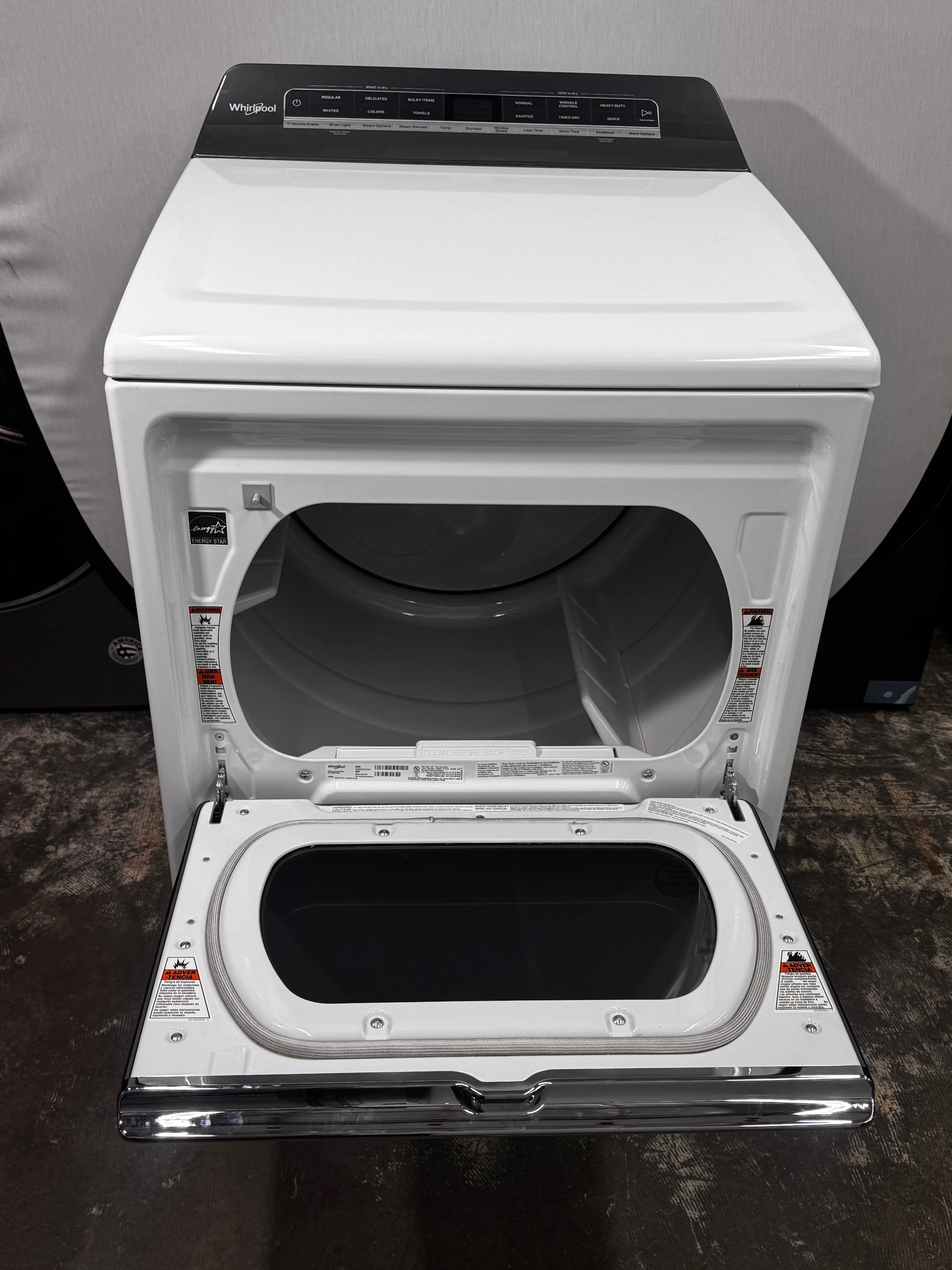 Whirlpool WGD8127LW 27 Inch Gas Smart Dryer with 7.4 cu. ft. Capacity, 36 Dryer Cycles, Moisture Sensing, Wrinkle Shield   Steam, EcoBoost, Quick Dry, and Energy Star Certified: White