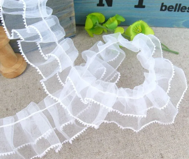 White Organza Lace Edge Trim Gathered Pleated Chiffon Sewing