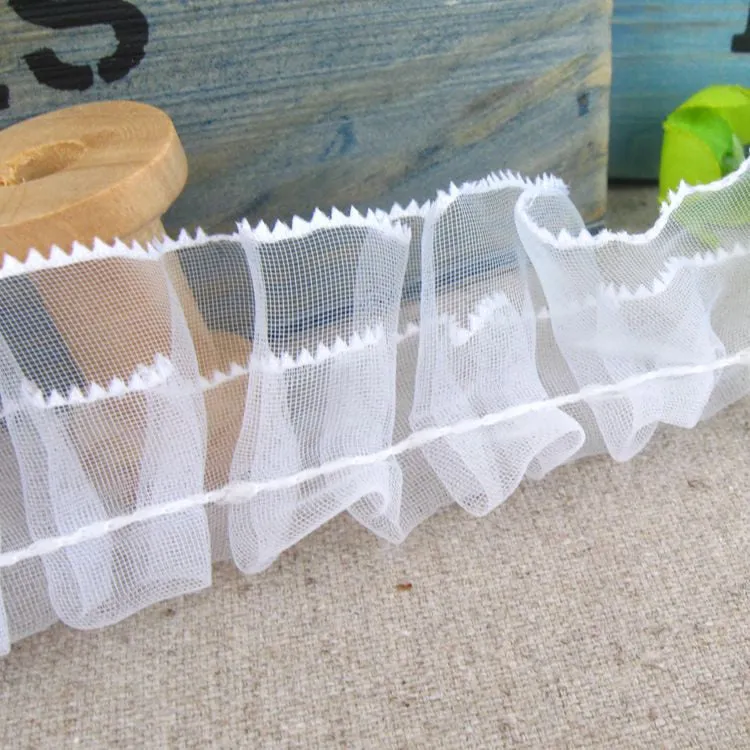 White Organza Lace Edge Trim Gathered Pleated Chiffon Sewing